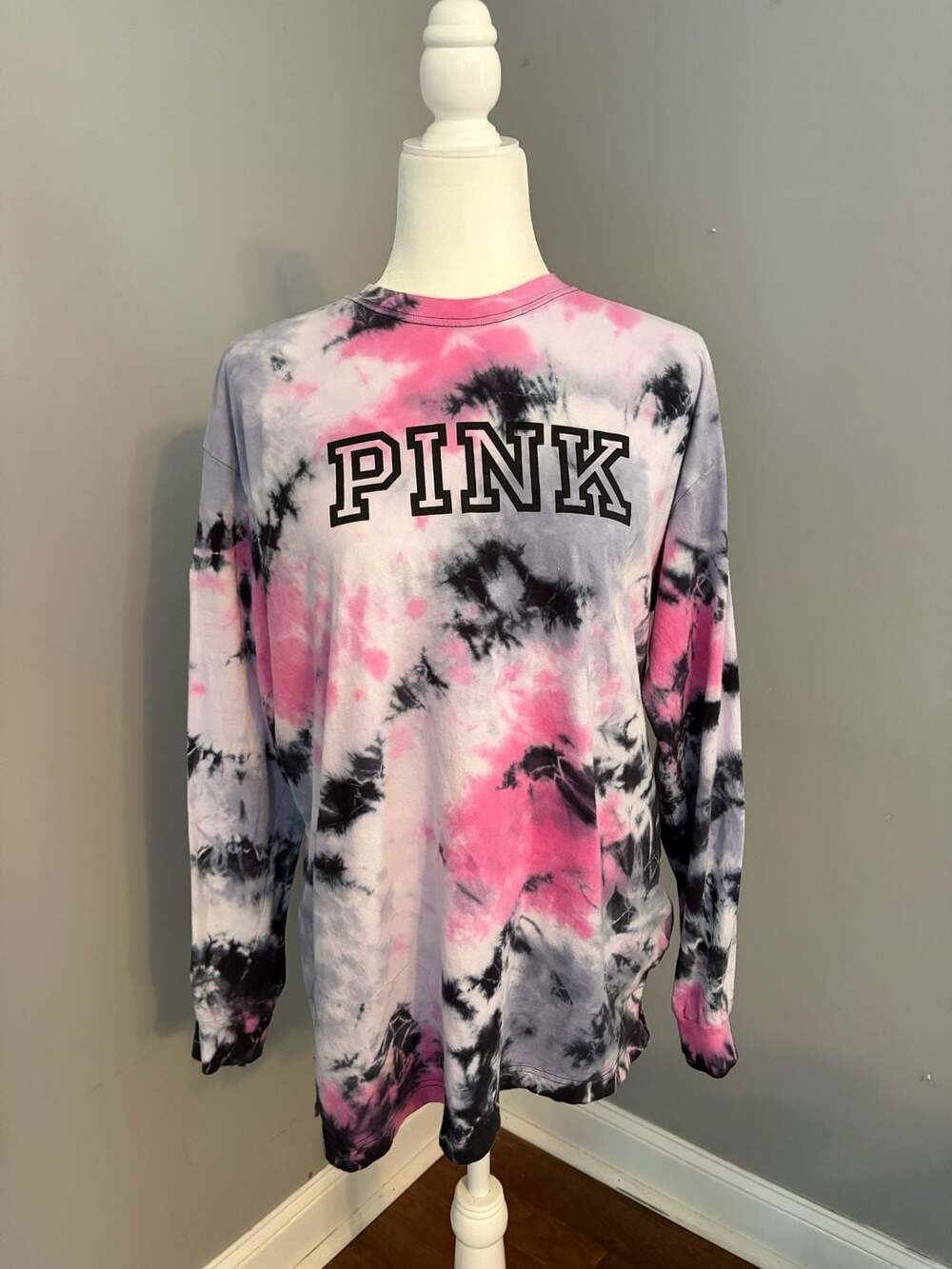 PINK Victoria's Secret Pink & Black Tie Dye Long Sleeve Campus Tee